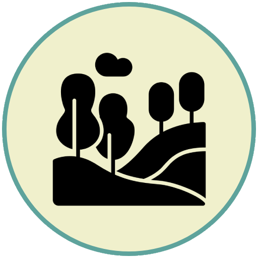 Circle icon of trees and hills in black silhouette on beige background.