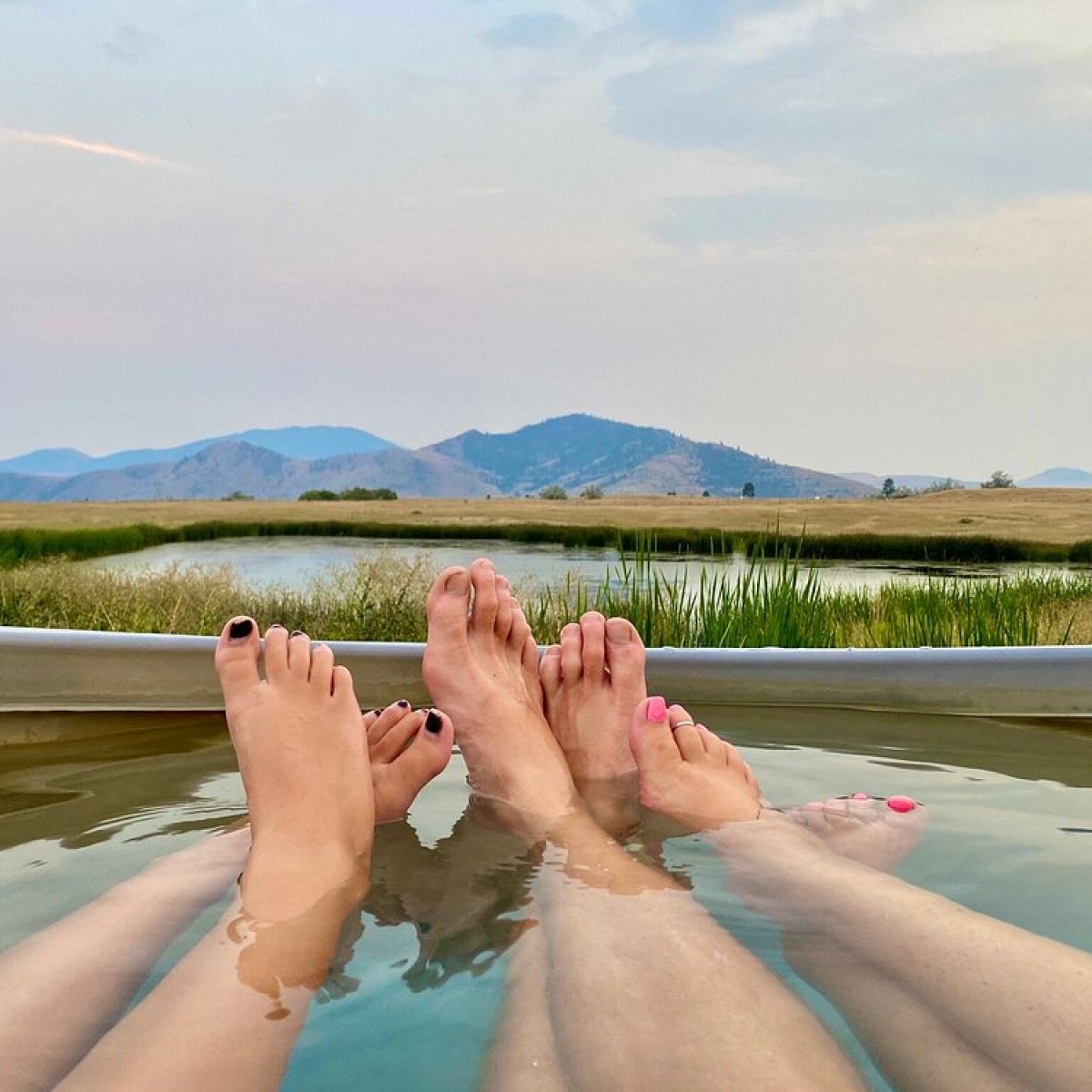 Four feet in relaxing water with distant mountains and sky.