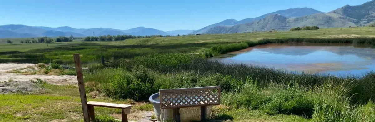 Outdoor tub and seating by a pond with mountains in the background.