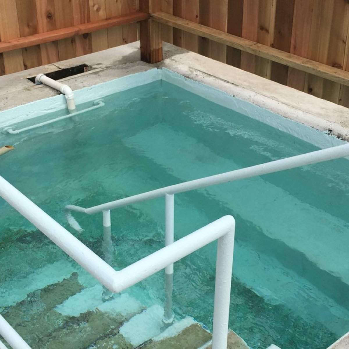 A small, rectangular outdoor pool with steps and handrails.